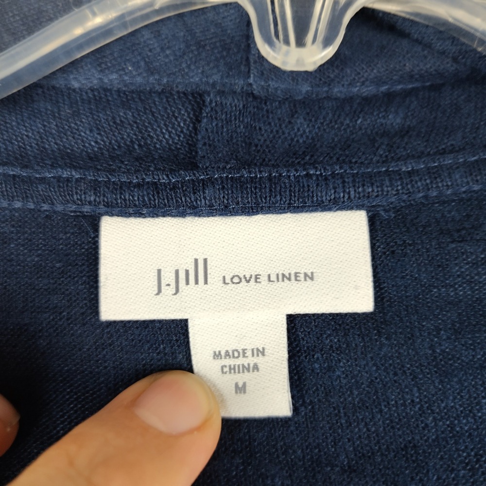 J. Jill Love Linen Navy Blue Open Front Cardigan Sweater Pockets Medium - Picture 4 of 7